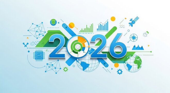 Illustration of the new year 2026 with technology and global connectivity themed design elements around it
