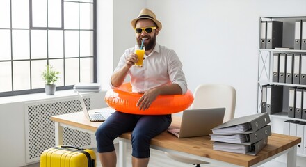 Bearded businessman wearing swim ring and sunglasses sits on office desk drinking juice, ready for summer vacation