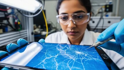 A skilled technician carefully examines a cracked smartphone screen under laboratory conditions, taking precise action to restore its functionality while ensuring safety 