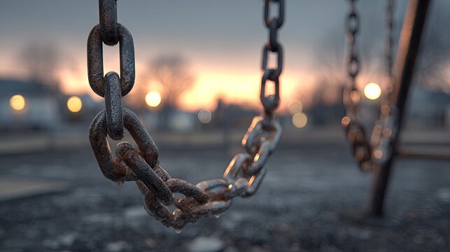 Rusty metal swing set chains close up at dusk in empty playground nostalgic childhood mood vintage playground detail textured metal links with soft fading sunset sky background