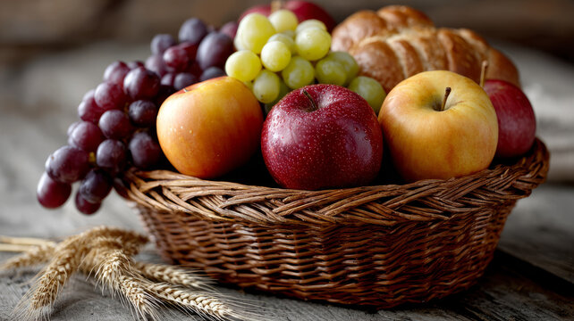 Basket of fruit and bread on a rustic wooden table.