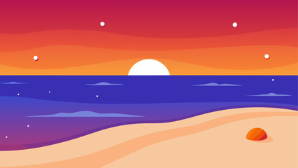 Minimalist sunset over the ocean with a sandy beach and a single rock