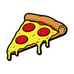 Cute cartoon pizza slice vector illustration isolated on white design with cheese and sausage meat meal