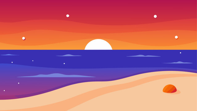 Minimalist sunset over the ocean with a sandy beach and a single rock