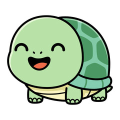 A funny green baby turtle cartoon character is smiling happily