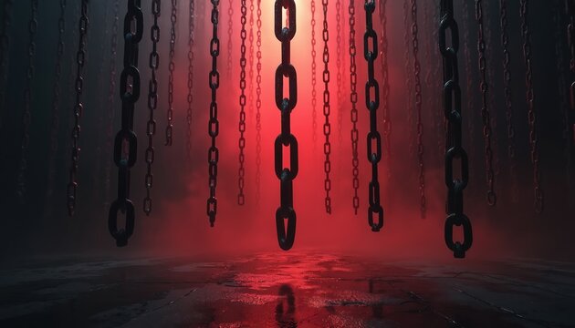 Hanging metal chains in dark room with fog and red light. Eerie scene, mysterious atmosphere. Metal chains hang from ceiling in shady space. Gloomy and ominous mood with texture and dramatic lighting.