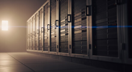 Data center, server racks, powerful and state-of-the-art information storage, evoking a sense of technological advancement.