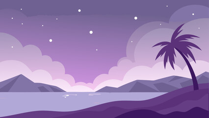 Naklejka premium Serene purple landscape with mountains ocean clouds and a palm tree under a starry sky