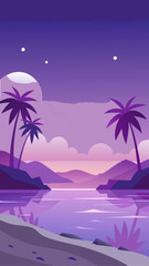Naklejka premium Serene purple tropical landscape with palm trees and calm water at twilight
