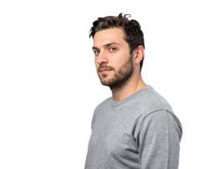 Man with beard looking at camera isolated on white background, transparent PNG