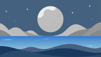Stylized night landscape with a large moon over water and hills