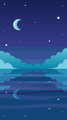 Fototapeta premium Stylized night sky with a crescent moon and clouds reflected in calm water