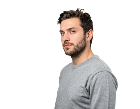 Man with beard looking at camera isolated on white background, transparent PNG