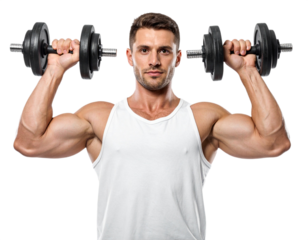 Man lifting dumbbells isolated on white background, transparent PNG