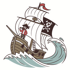 Cartoon illustration of a pirate ship with a pirate on deck, sailing through stylized ocean waves with a skull and crossbones flag.