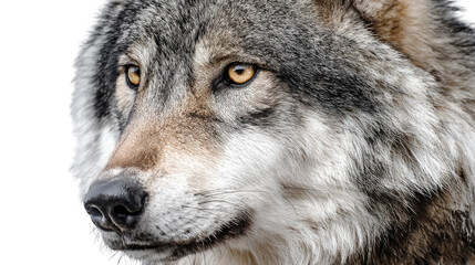 Detailed portrait of majestic wolf wildlife animal showcasing intense expression, thick fur texture and powerful natural beauty in sharp focus isolated on white background