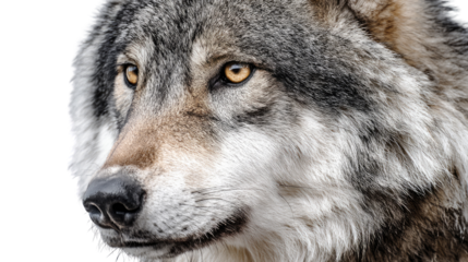 Detailed portrait of majestic wolf wildlife animal showcasing intense expression, thick fur texture and powerful natural beauty in sharp focus isolated on white background