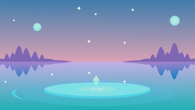 Calm surreal landscape with a glowing diamond on a tranquil lake at twilight - Powered by Adobe