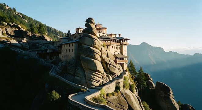 Breathtaking view of Paro Taktsang Monastery on a cliff in Bhutan during sunrise.