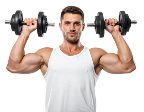 Man lifting dumbbells isolated on white background, transparent PNG