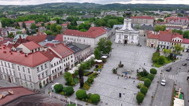 Market Square in Wadowice with the Basilica of the Presentation of the Blessed Virgin Mary in Poland.