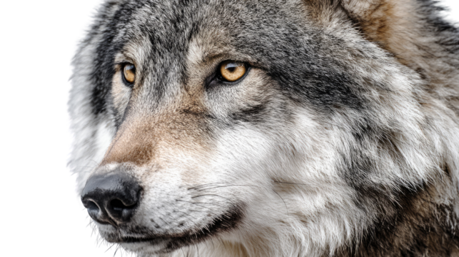 Detailed portrait of majestic wolf wildlife animal showcasing intense expression, thick fur texture and powerful natural beauty in sharp focus isolated on white background