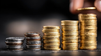 Stacked coins in ascending order by size and color varying from silver to gold with hand placing coin on tallest stack on dark surface with blurred background