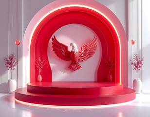 Artistic red and gold stage interior with royal design high resolution image