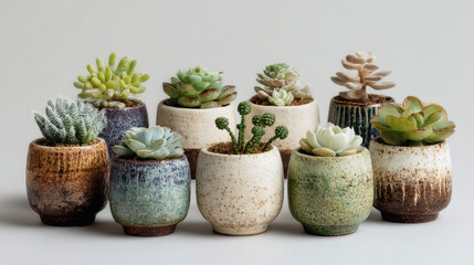 Assortment of succulent plants in various ceramic pots.