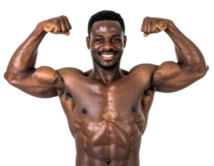 Muscular African American man flexing biceps isolated on white background, transparent PNG