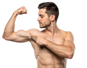 Man flexing bicep isolated on white background, transparent PNG