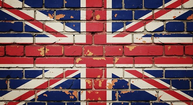 Union Jack Flag Painted on Weathered Brick Wall.