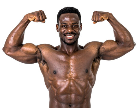 Muscular African American man flexing biceps isolated on white background, transparent PNG - Powered by Adobe