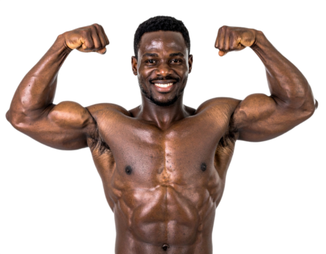Muscular African American man flexing biceps isolated on white background, transparent PNG