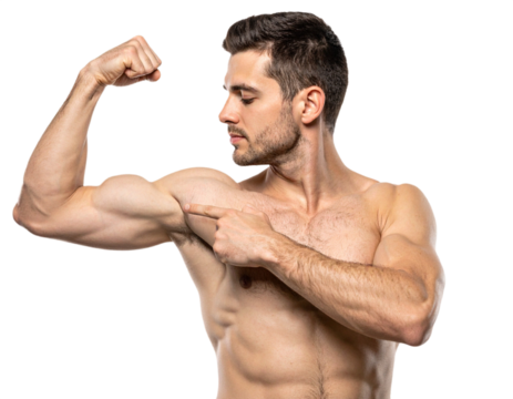 Man flexing bicep isolated on white background, transparent PNG