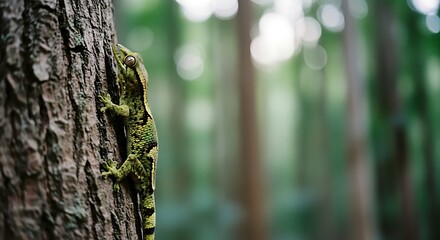 Camouflaged gecko clings to tree bark in lush forest environment.