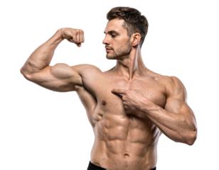 Muscular man flexing arm and pointing to chest isolated on white background, transparent PNG