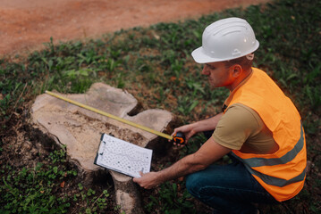 Forestry expert measuring tree stump diameter for analysis