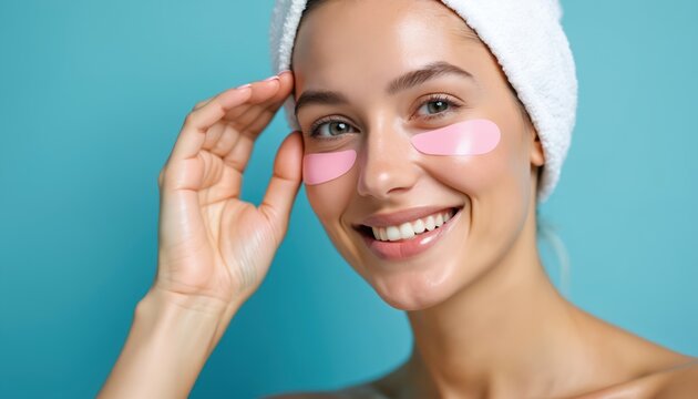 Smiling woman with pink eye patches. Female uses skincare product on face. Girl wears towel on head against blue background. Beauty treatment for rejuvenation and youthful look. Skin wellness.