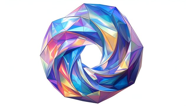 A geometric, colorful, faceted object with a circular void at its center, isolated on white
