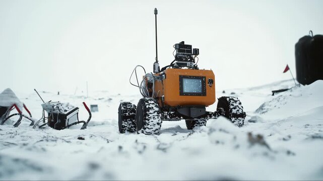Remote-controlled robot explores icy terrain in a remote research area during wintertime