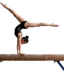 Female Gymnast Performing Balance Beam Routine