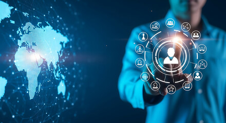 Person touching a glowing digital network of people icons and a world map overlay