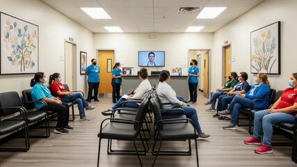 A Group of Individuals Engaged in a Meeting in a Waiting Room, Highlighting Their Interactions and Expressions While Wearing Protective Masks in a Professional Setting