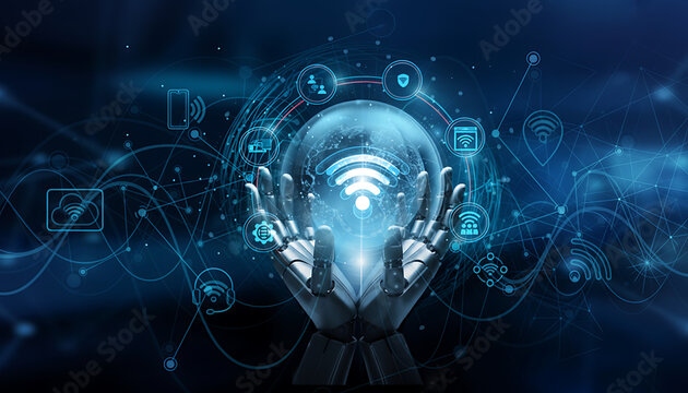 Futuristic robot hands holding a glowing orb with a wifi symbol and digital data streams