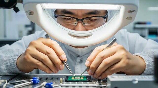 Meticulous Microchip Technician Assembles Advanced Semiconductor Components Under Magnifying Lens in High-Tech Laboratory Environment, Capturing Precision Engineering and Detail with Utmost Care 