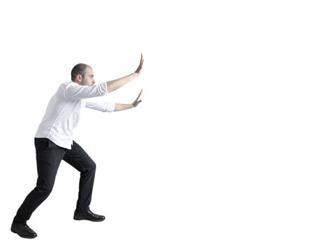 Man pushing something, isolated on white background, transparent PNG