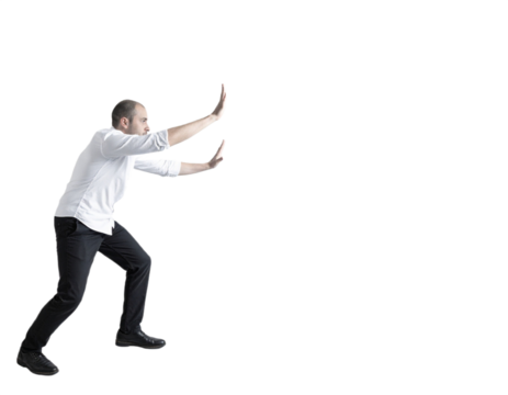 Man pushing something, isolated on white background, transparent PNG