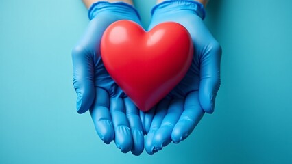 Gloved Hands Holding Red Heart on Blue