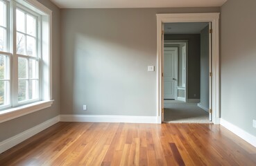 Empty room with polished wood floor and grey walls. Natural light enters large window. Open doorway reveals hallway and other rooms inside house. Home interior design.